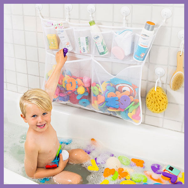 Tub Cubby Bath Toy Organizer, Double Set, 2 Quick Dry Mesh Bags Plus Foam